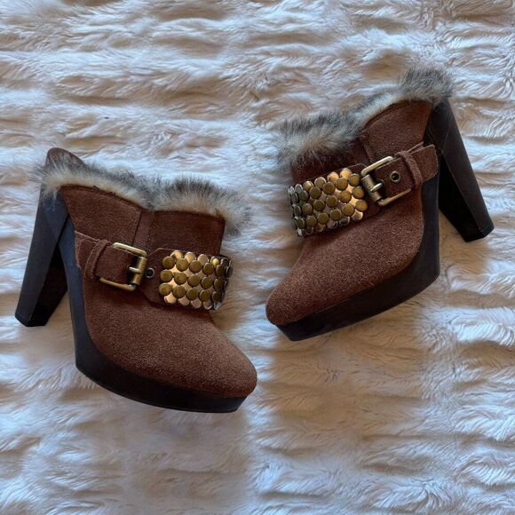 Michael Kors Brown Suede Platform Faux Fur Clogs Heels - Picture 1 of 11